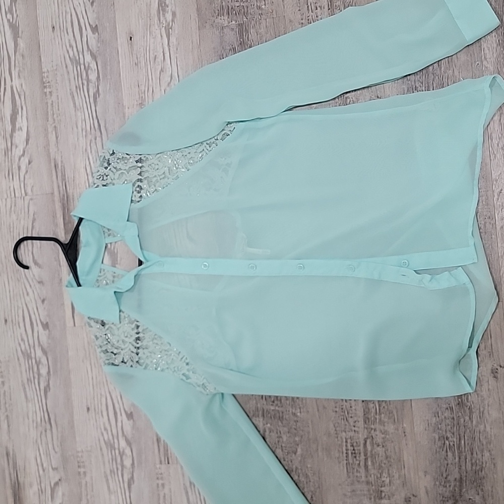 Sheer Aqua Blouse with Lace Detail